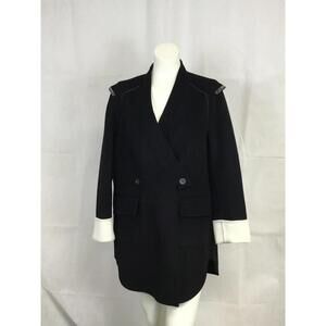 [321]Coat Womens Size Black Wool Embroidered Cuff Button Front Mid Length Jacket